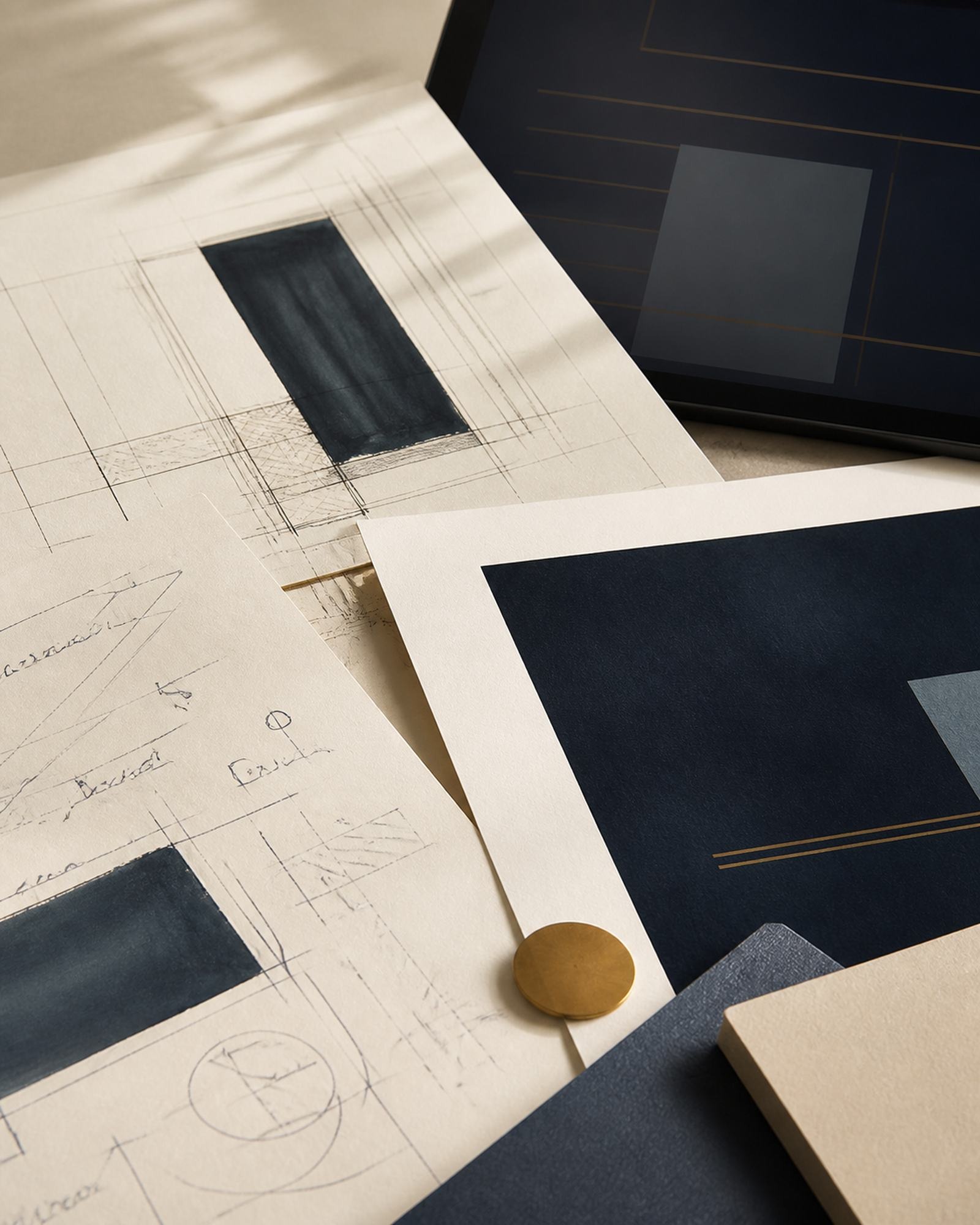 Layered working materials — a printed plan, a marked-up page, and a presentation spread, overlapping on a desk in warm daylight.